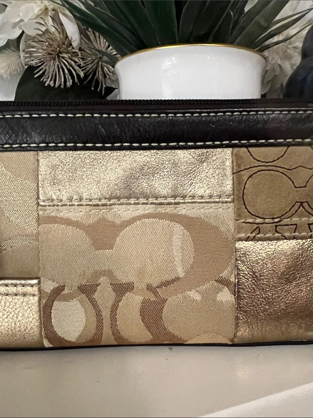 Coach Gold and Tan Patchwork Signature Wristlet